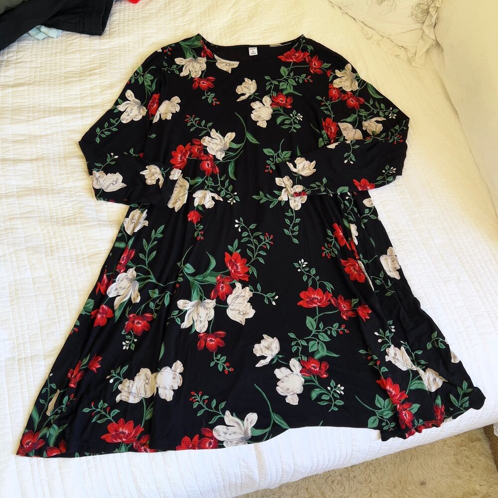 Old Navy Floral Swing Dress Size XXL Black Red White Trapeze